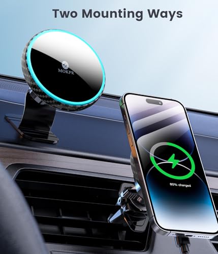 for Magsafe Car Mount Charger 15W LED RGB Car Phone Holder for Dash Vent (Carbon Fiber)