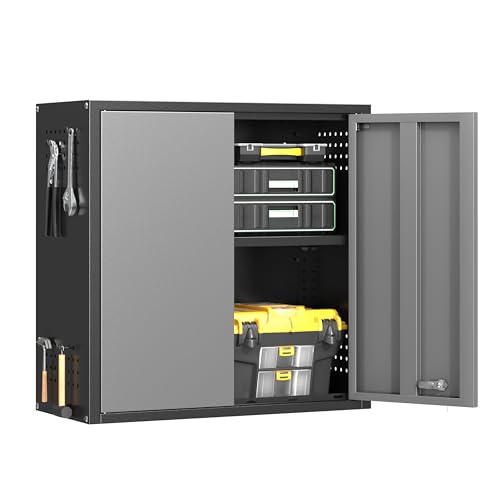 Metal Garage Wall Cabinet with 2 Doors and 1 Adjustable Shelf (Black&gray / 26"H Wall Cabinet(2-Door))