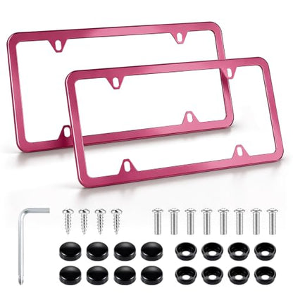 4 Holes Stainless Steel License Plate Frames (Hot Pink)