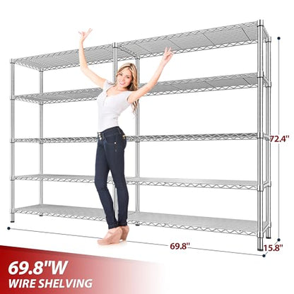 69.8" W Storage Shelves 1510LBS Wire Shelving Unit 5 Tier Metal Shelving for Storage Rack Shelves Adjustable Heavy Duty Garage Shelf Pantry Shelves Kitchen Shelving (Chrome-15.8"Dx69.8"Wx72.4"H-5 Tier)
