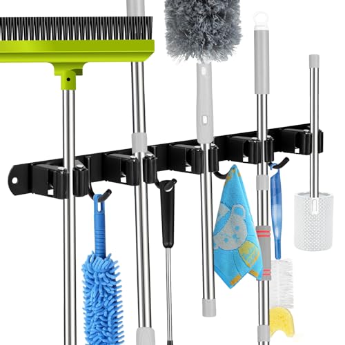 2 Pack] 5 Racks and 4 Hooks Mop and Broom Holder Wall Mount (5 Racks 4 Hooks 2 Packs / Black)