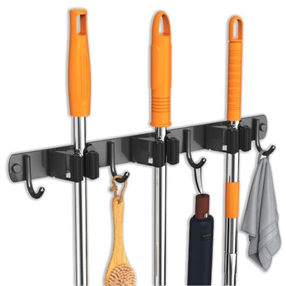 2 Pack Mop and Broom Holder Wall Mount for Kitchen Garden Garage Laundry (Black / 2 Pack 3 Racks with 4 Hooks)