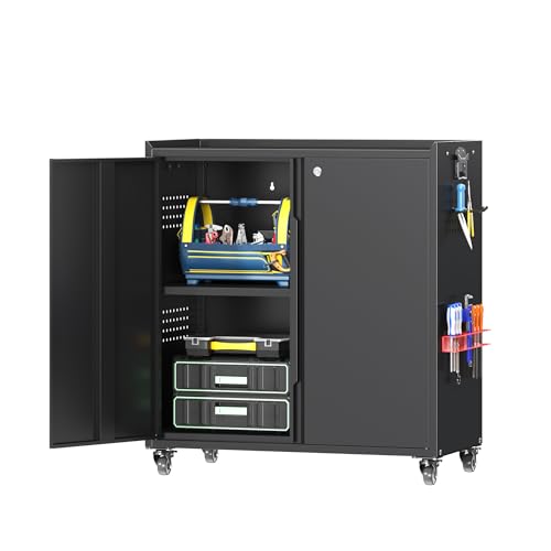 34" Metal Garage Storage Cabinet with Wheels (Black / 34.3"H Tool Cabinet(2-Door))