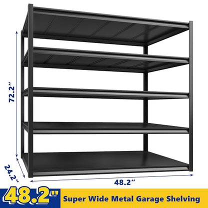 Garage Shelving 48.2" W Storage Shelves 3000LBS Metal Shelving Heavy Duty Adjustable Metal Shelf 5 Tier Pantry Shelves for Basement Warehouse Supermarket 72.2" H x 24.2" D x 48.2" W (72.2"H x 24.2"D x 48.2"W)