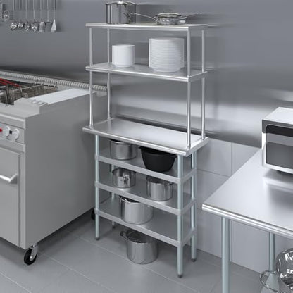 14" x 36" Stainless Steel Work Table with 3 Shelves and 12" Wide Double Tier Overshelf (14" x 36" Table with 3 Shelves + 12" Overshelf)