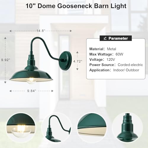 10‘’ Dome Outdoor Gooseneck Barn Light Fixture with Wall Mount (Green / 10" Dome)