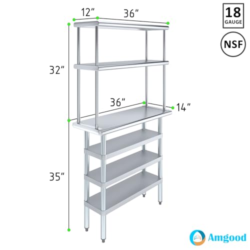 14" x 36" Stainless Steel Work Table with 3 Shelves and 12" Wide Double Tier Overshelf (14" x 36" Table with 3 Shelves + 12" Overshelf)