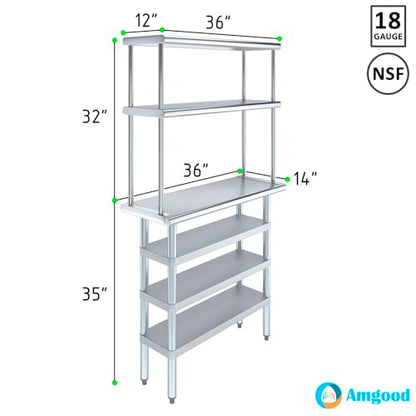 14" x 36" Stainless Steel Work Table with 3 Shelves and 12" Wide Double Tier Overshelf (14" x 36" Table with 3 Shelves + 12" Overshelf)