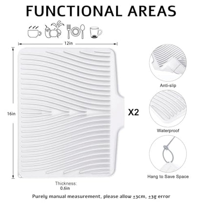 Silicone Dish Drying Mat for Kitchen Counter (White-2pcs / 16" x 12")