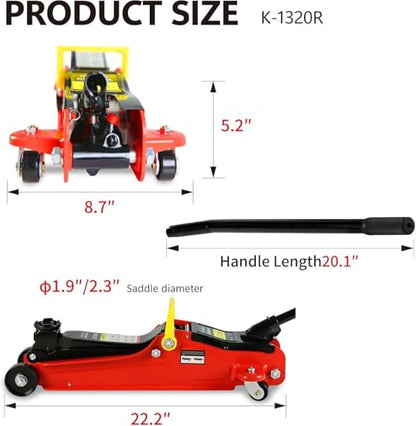 2 Ton Low Profile Floor Jack (Red - 2 Ton(Single Pump), Lift 3.3"-15.2")