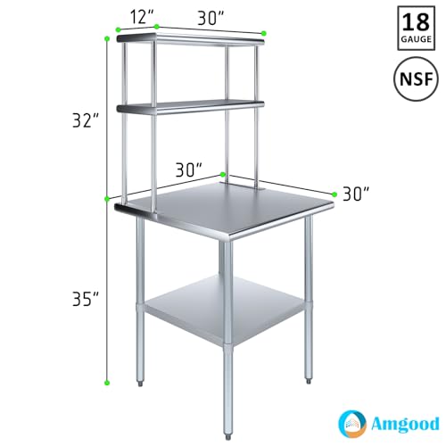Stainless Steel Work Table Double Tier Overshelf (30" x 30" Work Table + 12" Overshelf)