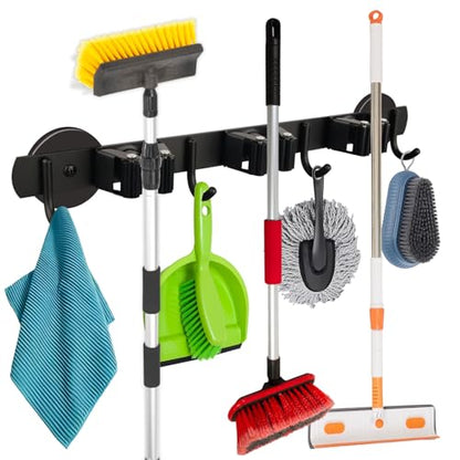 Heavy Duty Magnetic Broom Holder (Heavy Duty,Black,3 Hooks 4 Slots)