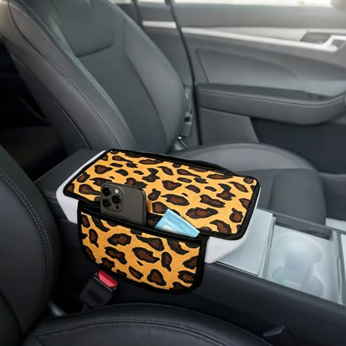 Animal Print Car Center Console Armrest Cover with 2 Side Pockets (Leopard Print)