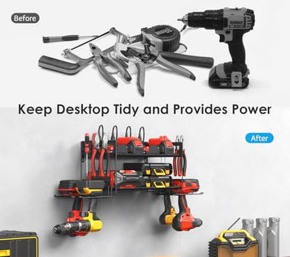 Garage Tools Storage with Charging Station. Power Tool Battery Organizer Utility Shelf with Power Strip. 4 Drills Holder Wall Mount Rack (Small / 2 Layer)