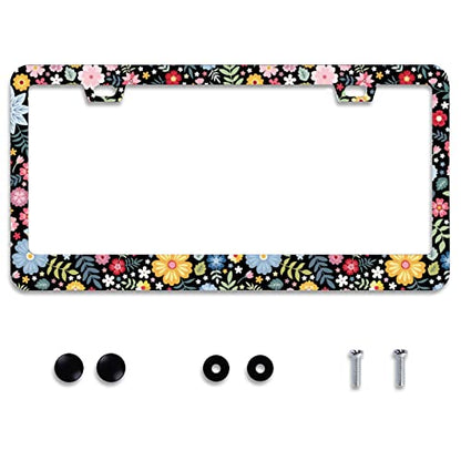 Personalise Colorful Floral Flowers License Plate Frame Cute License Holder (Retro Colorful Floral Flowers)