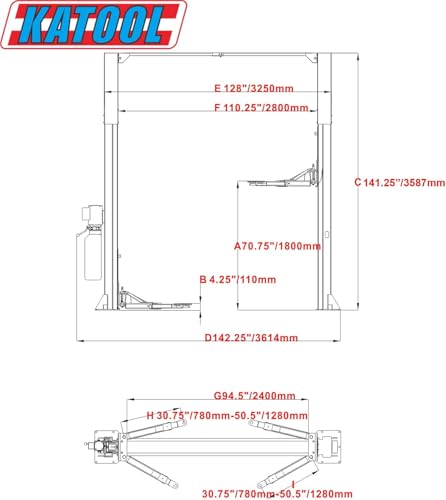 10 000 lbs Two Post Clear Floor Car Lift Asymmetric Two (Red)