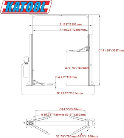 10 000 lbs Two Post Clear Floor Car Lift Asymmetric Two (Red)