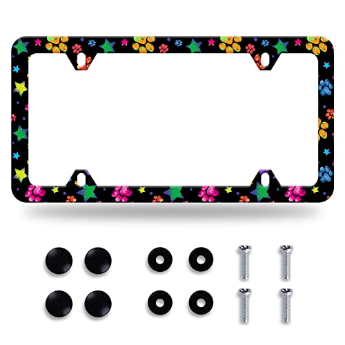 Colorful Paw License Plate Frame Stainless Steel Accessory 12.3x6.3 Inch (Paw and Star)