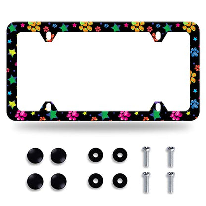 Colorful Paw License Plate Frame Stainless Steel Accessory 12.3x6.3 Inch (Paw and Star)
