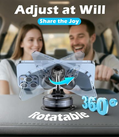 15W Wireless Charger Magnetic Car Phone Holder [Vacuum Suction Cup] 360° Adjustable & Foldable Car Mount for Dashboard (Car Charger Mount)