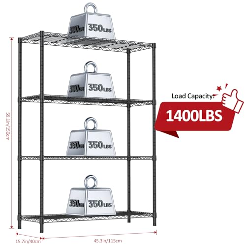 1400 LBS Garage Black Shelving Wide Storage Shelves 4 Tier Adjustable Heavy Duty Metal Wire Rack Standing Shelf Unit for Kitchen Office College Dorm Garage Warehouse 15.8" x 45.8"x 59.4" (4 Tier, 15.8" D x 45.8" W x 59.4" H / Black)
