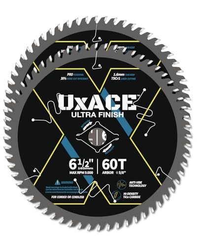 6-1/2-Inch 60-Tooth Circular Saw Blade with 5/8-Inch Arbor, Ultra Finish Wood Cutting, Carbide Tip, Thin Kerf, for Plywood, MDF, OSB, Laminated, 2 Pack (6-1/2", 5/8" Arbor, 60T, 2pc)