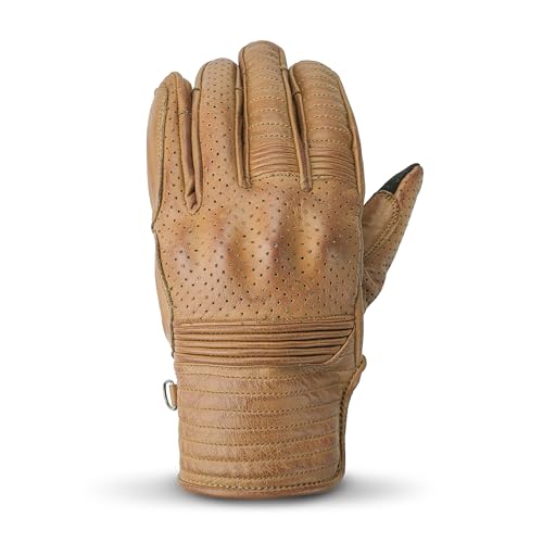 Leather Motorcycle Gloves for Men with Light Tricot Inner Lining Bike Riding Gloves with Fingers and Knuckle Padding with Adjustable Magic Tape Fastener (Large / Short Billy Tan)
