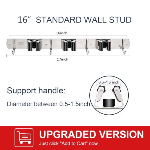 2 Pack Broom Holder Wall Mount Stainless Steel Mop Organizer (Stainless Steel - 3 Racks with 4 Hooks / 2 Pack)