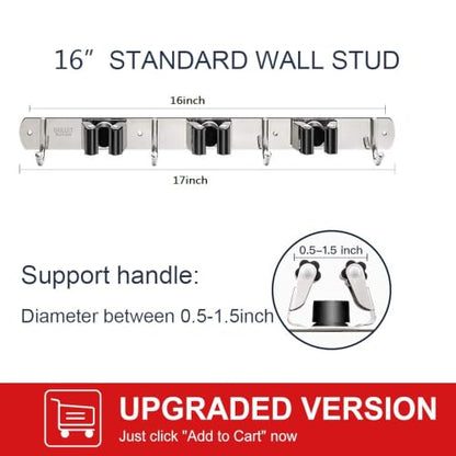 2 Pack Broom Holder Wall Mount Stainless Steel Mop Organizer (Stainless Steel - 3 Racks with 4 Hooks / 2 Pack)