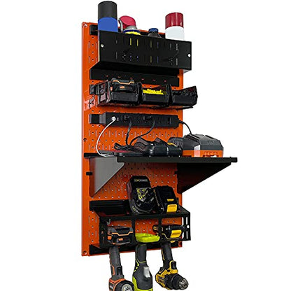 Power Tool Storage Organizer Kit Cordless Drill Holder Charging Station Rack 16” x 32” Metal Pegboard Organization System (Orange Pegboard)