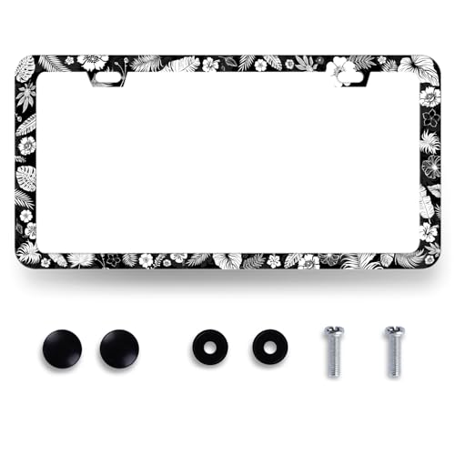 Flowers Leaves License Plate Frame Stainless Steel Tropical License Holder (Tropical Flowers Leaves Hibiscus)