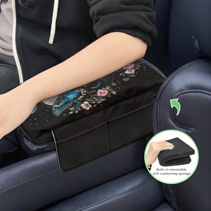 Butterfly Flower Moon Black Car Center Console Cover Comfortable Armrest Box Mat Hand Rest Pillow for Car Seat Organizer Arm Rest Cushion Protective Cover Car Interior Decor (Butterfly Flower Moon Black)