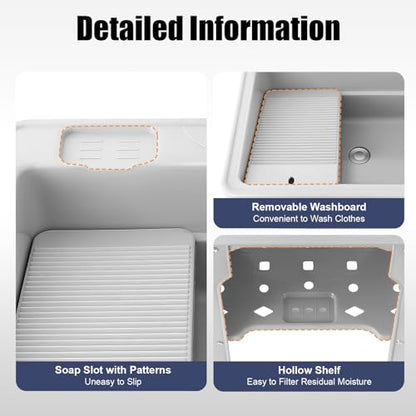 Freestanding Utility Sink Plastic Wash Station with Storage Shelf Indoor (F / Gray-25.6*21.65*31.5in)