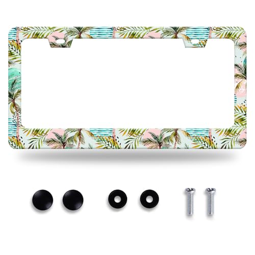 Plam Tree License Plate Frame Stainless Steel Accessory 12.3x6.3 Inch (Palm Tree Summer Hawaii)