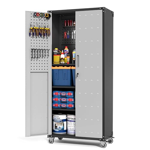 Metal Storage Cabinet for Garage (Black & Gray / L - 2 Doors & Pegboard (Wheeled))
