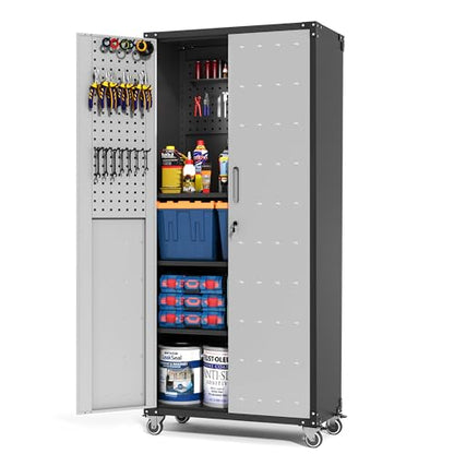 Metal Storage Cabinet for Garage (Black & Gray / L - 2 Doors & Pegboard (Wheeled))