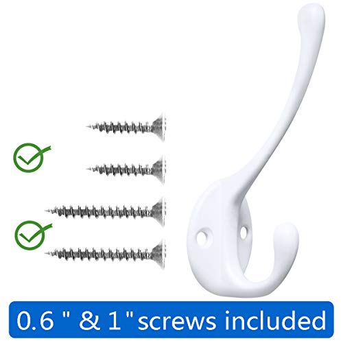 10 Pack Heavy Duty Dual Coat Hooks Wall Mounted with 20 Screws Retro Double Hooks Utility Black Hooks for Coat (White)