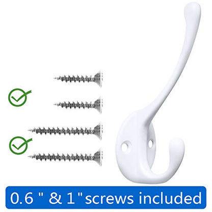10 Pack Heavy Duty Dual Coat Hooks Wall Mounted with 20 Screws Retro Double Hooks Utility Black Hooks for Coat (White)