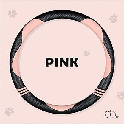 Car Steering Wheel Covers for Women Girl Padded Carbon Fiber PU Leather Cute Cartoon Auto Interior Accessories for Jeep (Pink+Black / Large Size[15.2-16"](38.6-40.5cm))