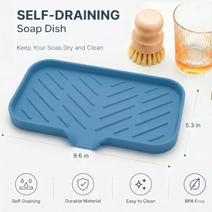 Silicone Soap Dish with Drain Spout (Lichen Blue / M(9.6"×5.3"))