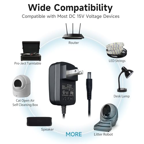 UL Listed 15V 1A 6 ft AC DC Power Supply Adapter with 3 Tips Replacement Backup Cord for Litter (15V1A+3 Tips)