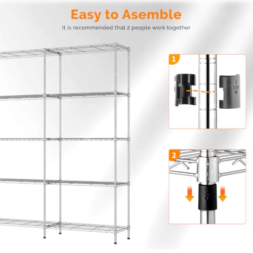 5 Tier Storage Shelves 1430LBS Heavy Duty Metal Shelving (Chrome / 58"W × 13.8"D × 71"H)