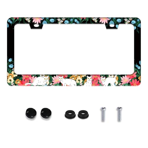 Cute Cat Flowers License Plate Frame Stainless Steel 2 (Cat Flowers)