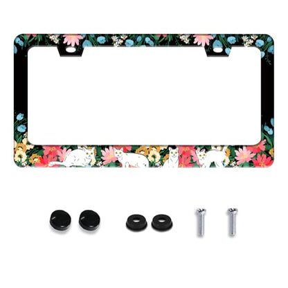 Cute Cat Flowers License Plate Frame Stainless Steel 2 (Cat Flowers)