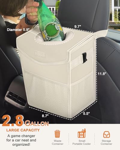 Car Trash Can with Lid Leakproof Car Garbage Bag Vehicle Trash Bin (2.8 Gallons / Beige)