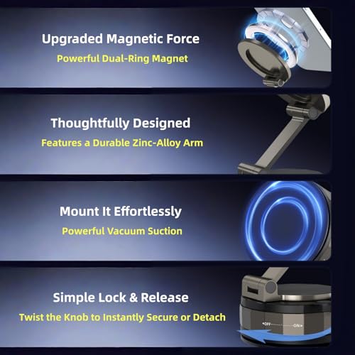 Car Phone Holder for Magsafe [98LBS Suction & 2400gf Magnetic] 360° Rotatable Adjustable Car Phone Mount with Vacuum Suction Cup (D. T30-Black Base)
