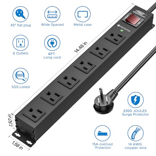 6 Outlet Heavy Duty Metal Power Strip with Switch 15A (Black-6 Outlet-6 FT / 1PK)