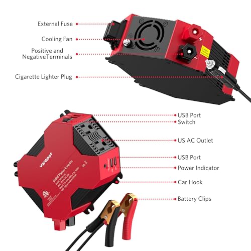 500 Watt Car Power Inverter DC 12V to AC 110V Car Plug Inverter Adapter Power Converter with 4 USB Charging Ports and 2 AC Outlets Car Charger
