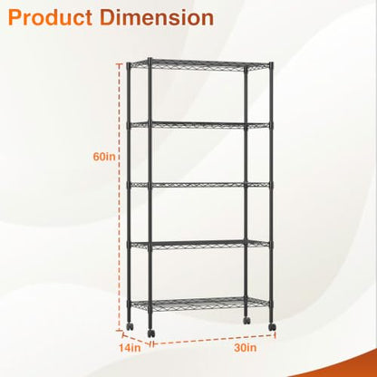 5 Tier Wire Shelf with Wheels (Black / 14"D x 30"W x 60"H)