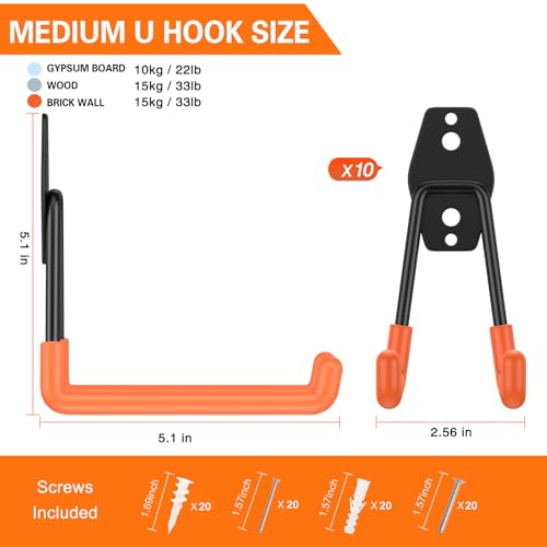 Garage Hooks Heavy Duty 10 Pack (5.1inch U Hook / Orange 10Pack)